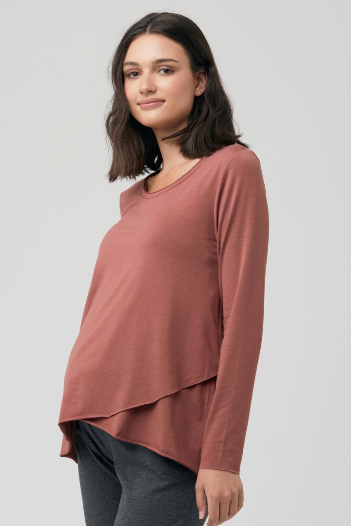 Raw Edge long Sleeve Maternity and Nursing Shirt terracotta