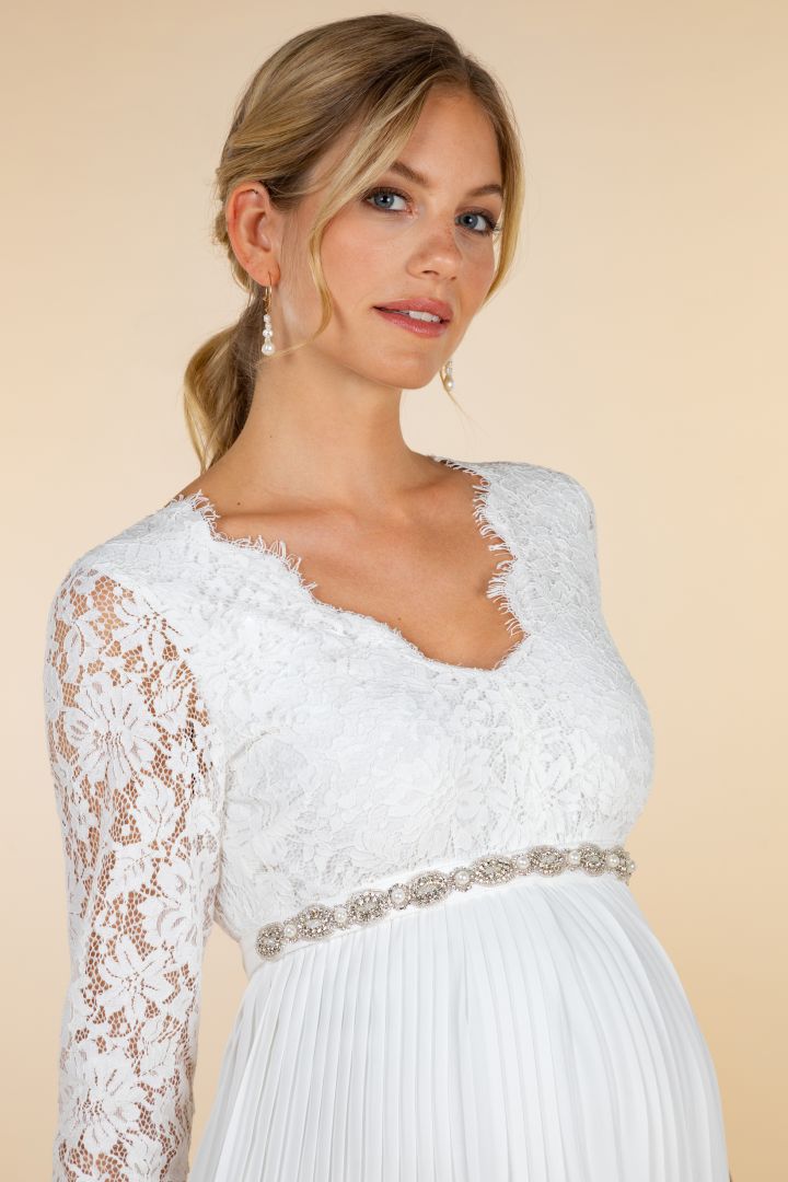 Umstandsbrautkleid mit Spitzenoberteil und Plissees 3/4 Ärmel