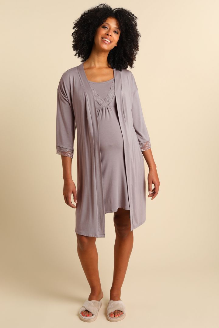 Modal Dressing Gown with Lace taupe