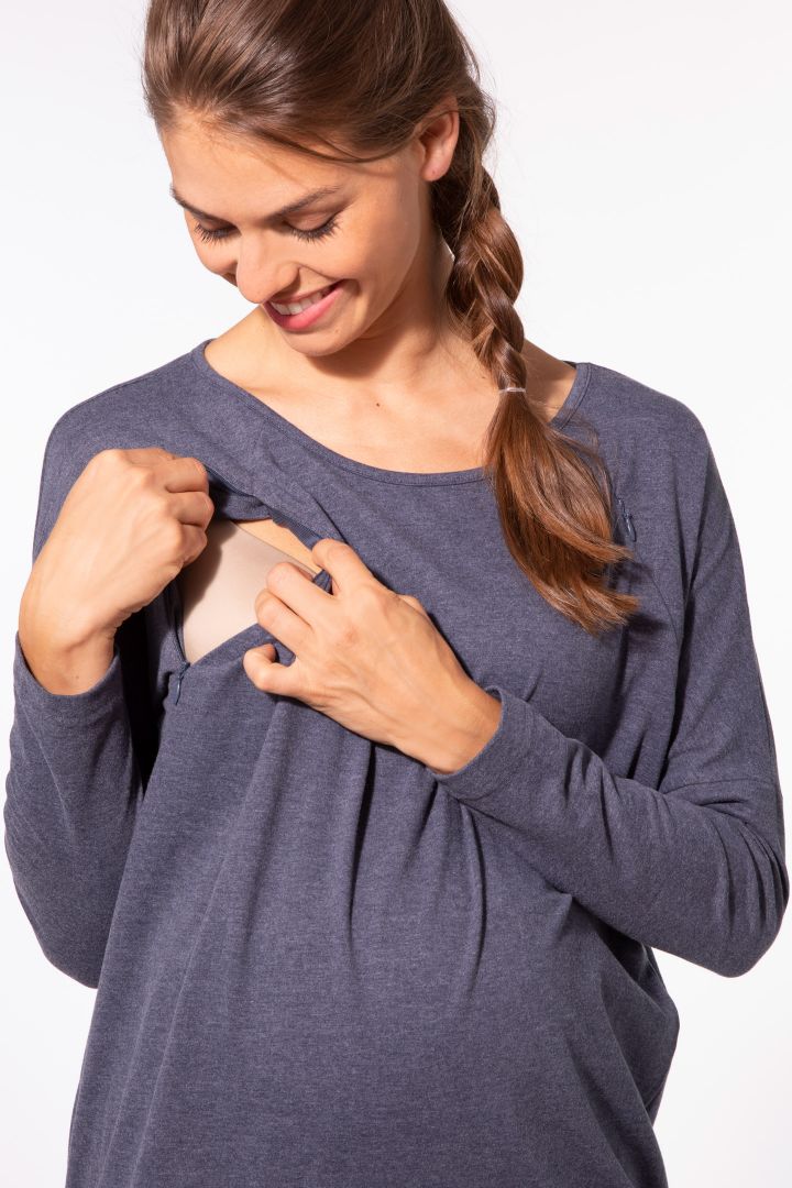 Lounge- und Pyjama Umstandsshirt mit Stillöffnung blau melange