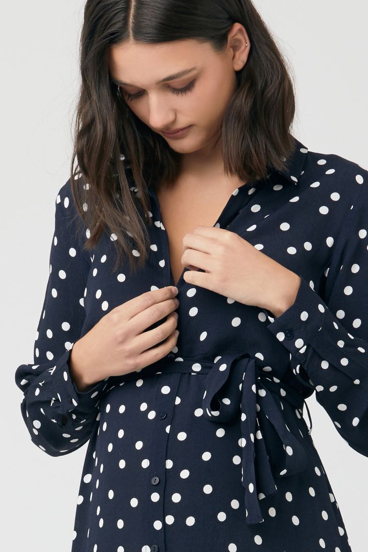 Long Maternity and Nursing Shirt Dress with Dots Print