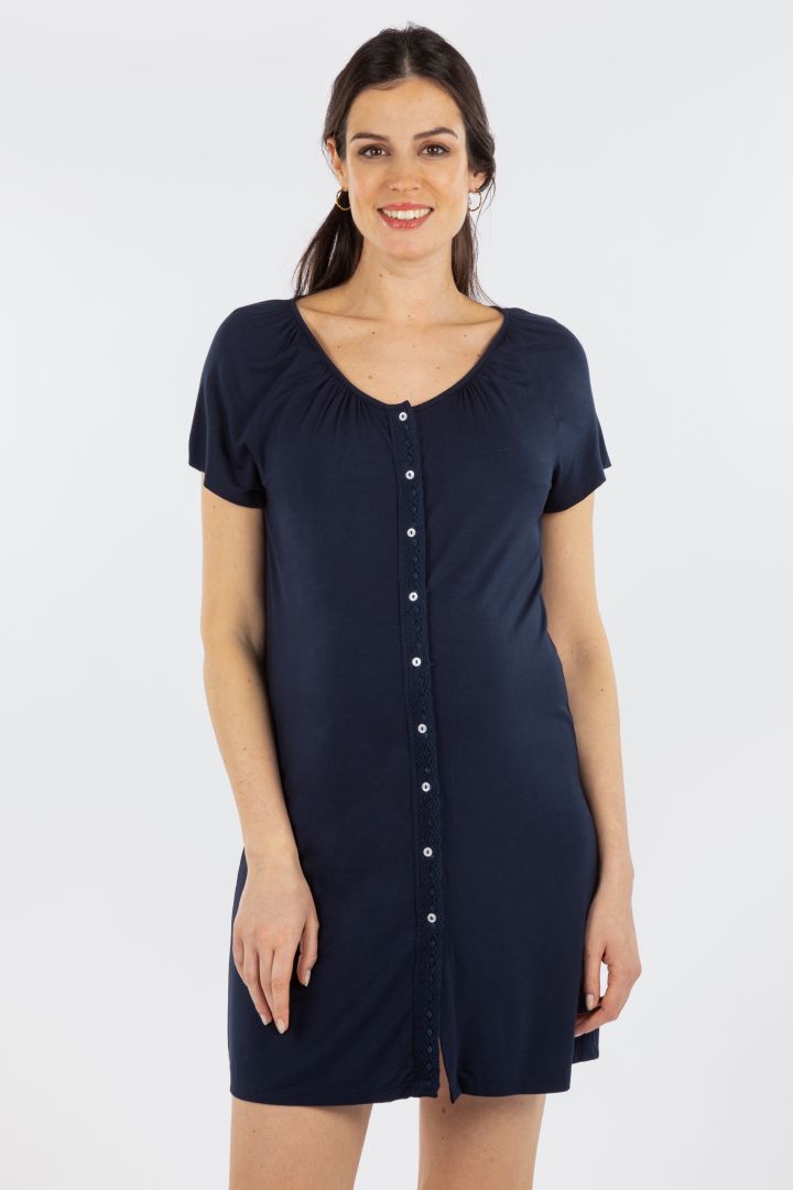 Eco Viskose Umstands- und Stillnachthemd zum Knöpfen navy