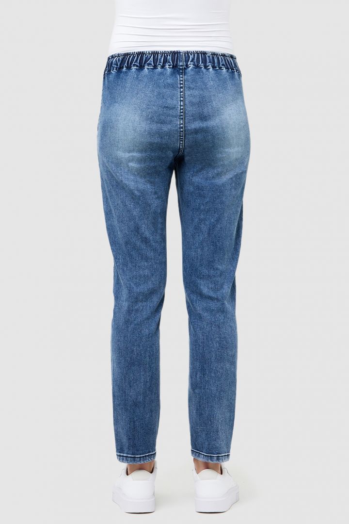 Denim maternity jogger with drawstring medium wash