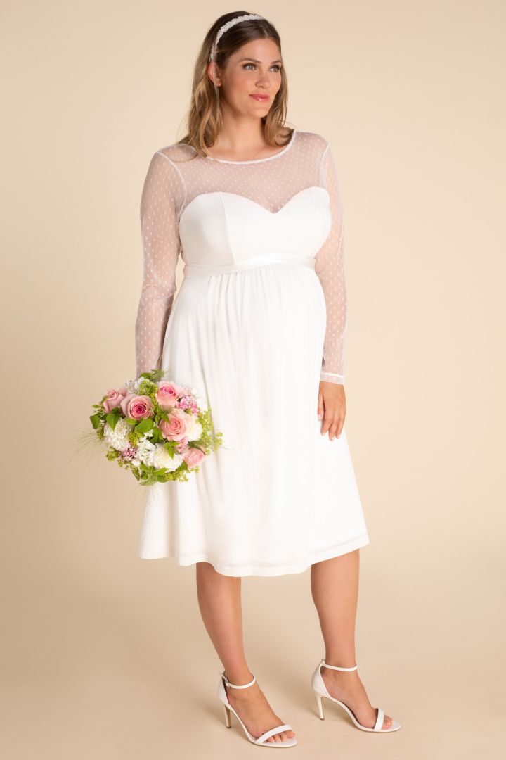 Plus Size Umstandsbrautkleid mit Pünktchenspitze langarm