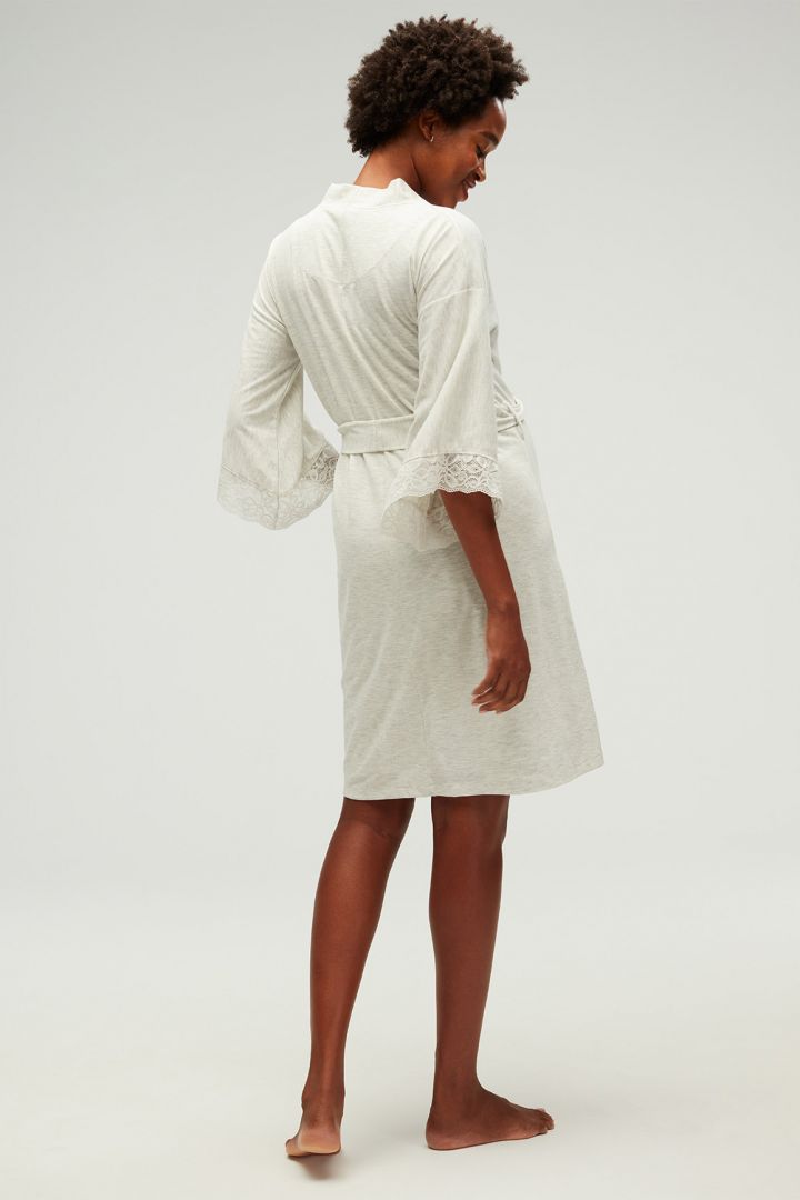 Kimono Umstands-Morgenmantel mit Spitzendetails hellgrau
