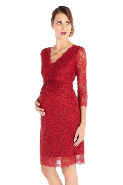 V-Neck Spitzen Umstandskleid kirschrot