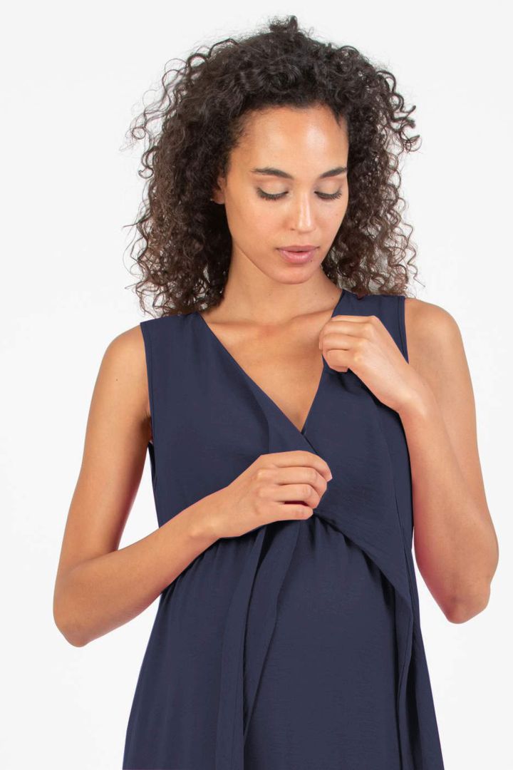 Maxi Maternity and Nursing Dress with Flounces navy