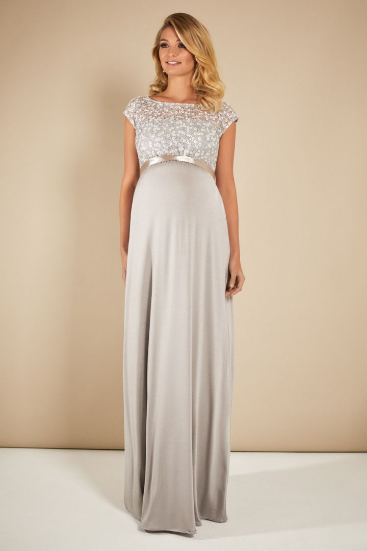 Festliche Umstandsrobe mit Paillettenbustier silber