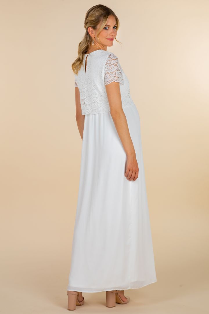 Langes Umstandsbrautkleid mit Stillöffnung und Spitze