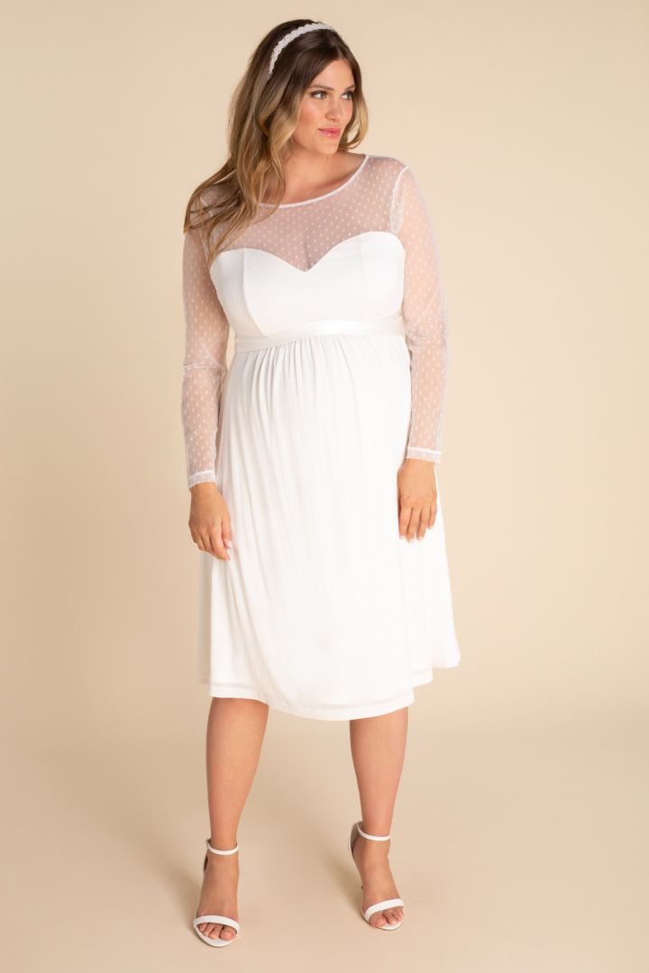 Plus Size Umstandsbrautkleid mit Pünktchenspitze langarm
