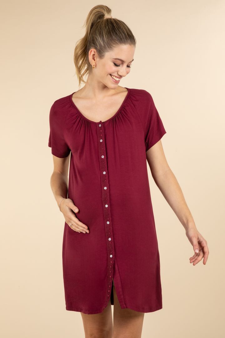 Eco Viskose Umstands- und Stillnachthemd zum Knöpfen bordeaux