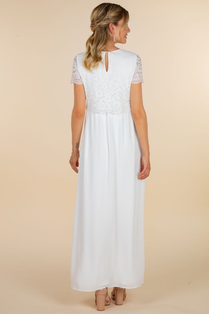 Langes Umstandsbrautkleid mit Stillöffnung und Spitze