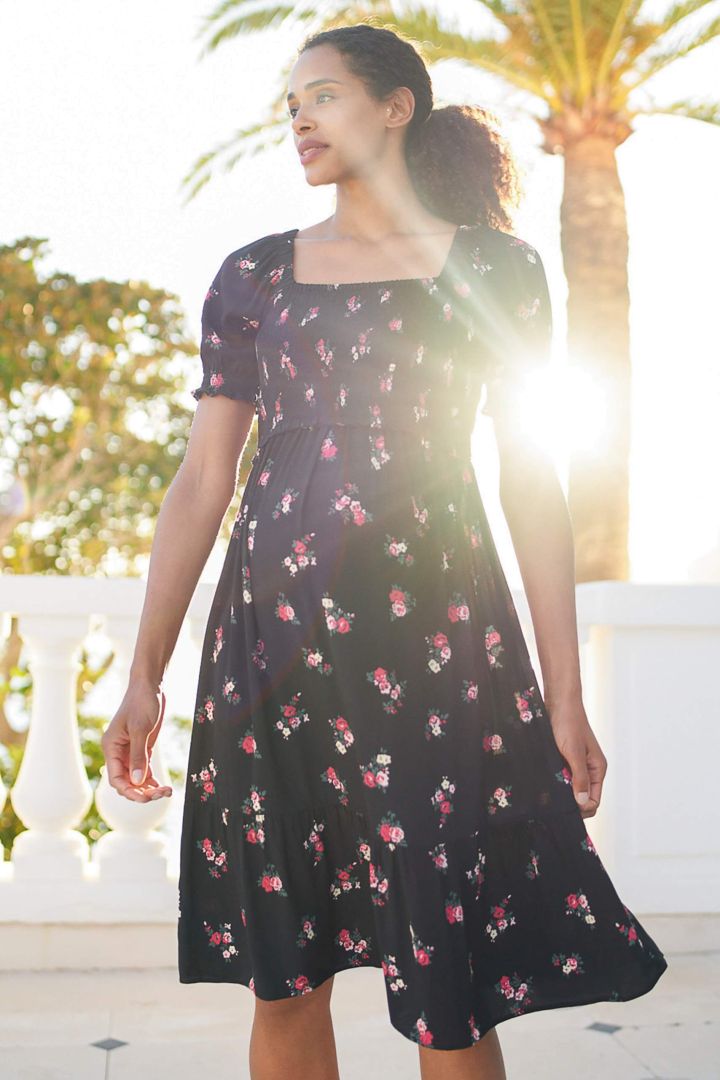 Midi Shirred Maternity and Nursing Dress with Frill Sleeve