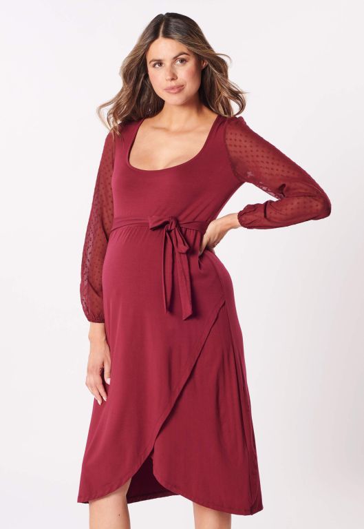 Umstandskleid in Wickeloptik mit Spitzen&auml;rmeln burgund