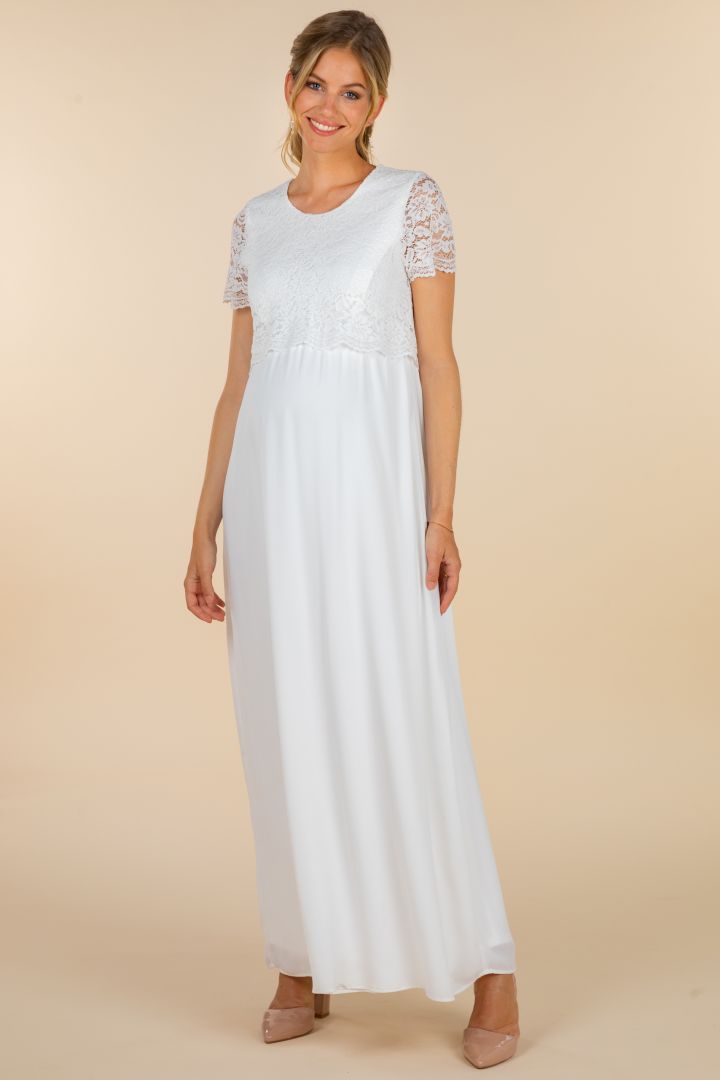 Langes Umstandsbrautkleid mit Stillöffnung und Spitze