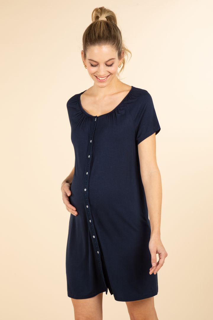 Eco Viskose Umstands- und Stillnachthemd zum Knöpfen navy