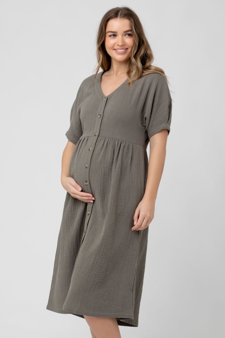 Muslin Maternity and Nursing Dress with Button Placket