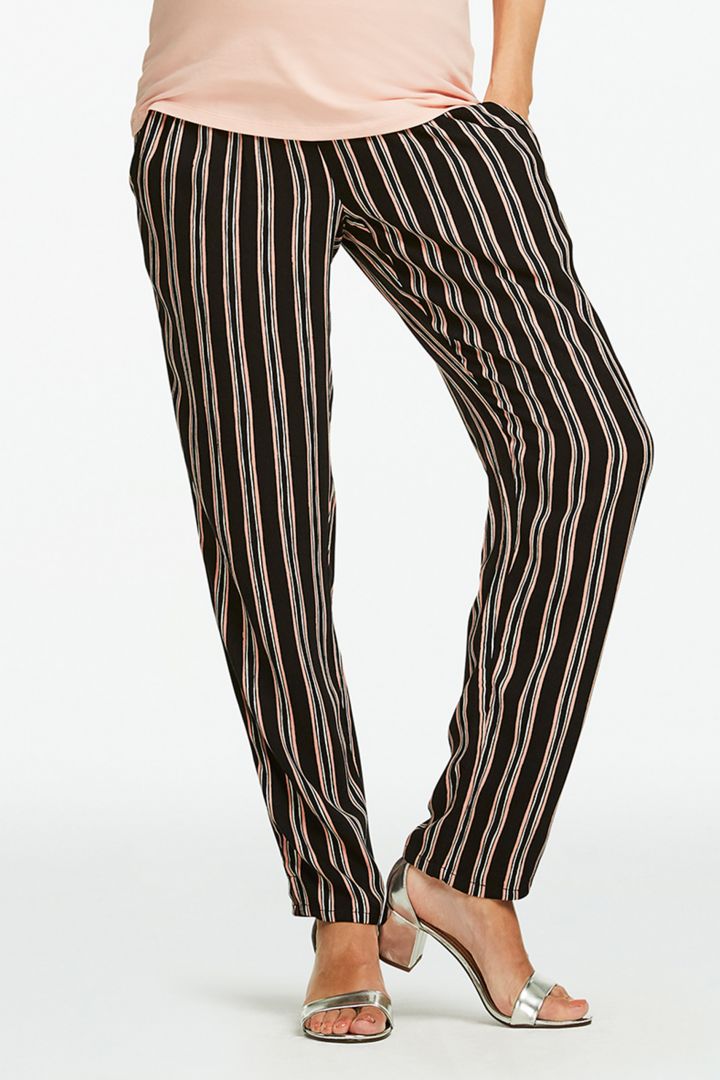 Striped Maternity Trousers with pleated Over-Bump Band black