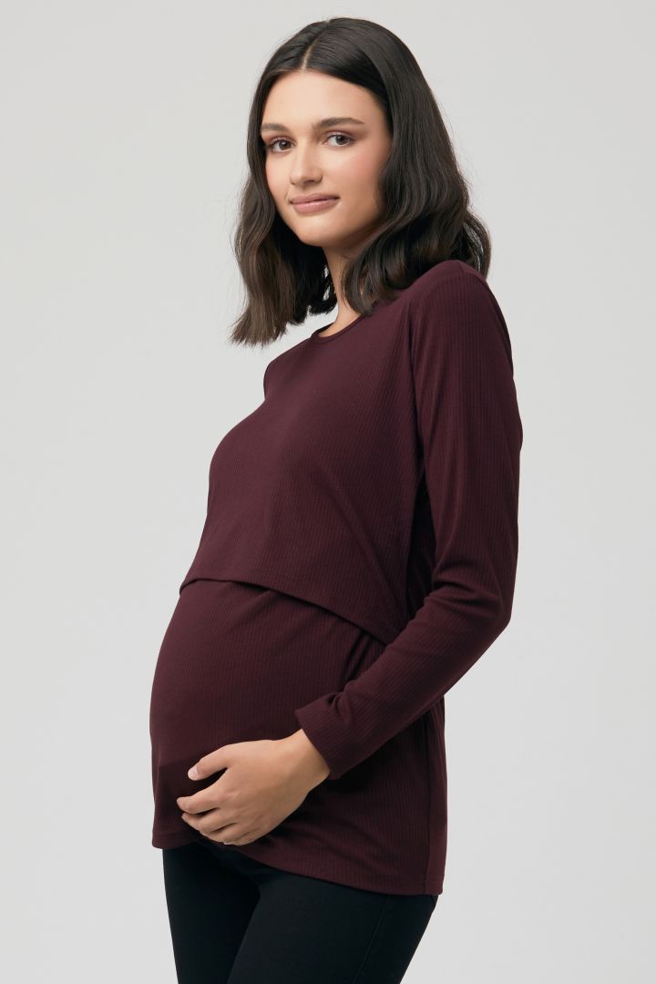 Maternity and Nursing Shirt with Rib Structure wine red