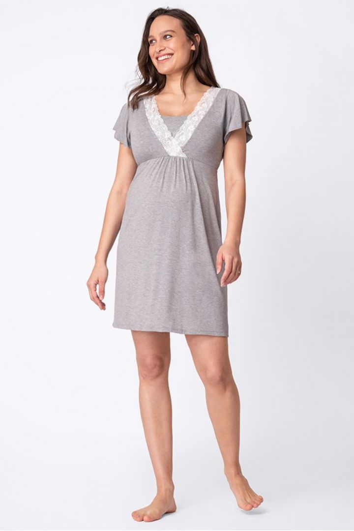 Short-Sleeved Maternity and Nursing Nightdress with Lace