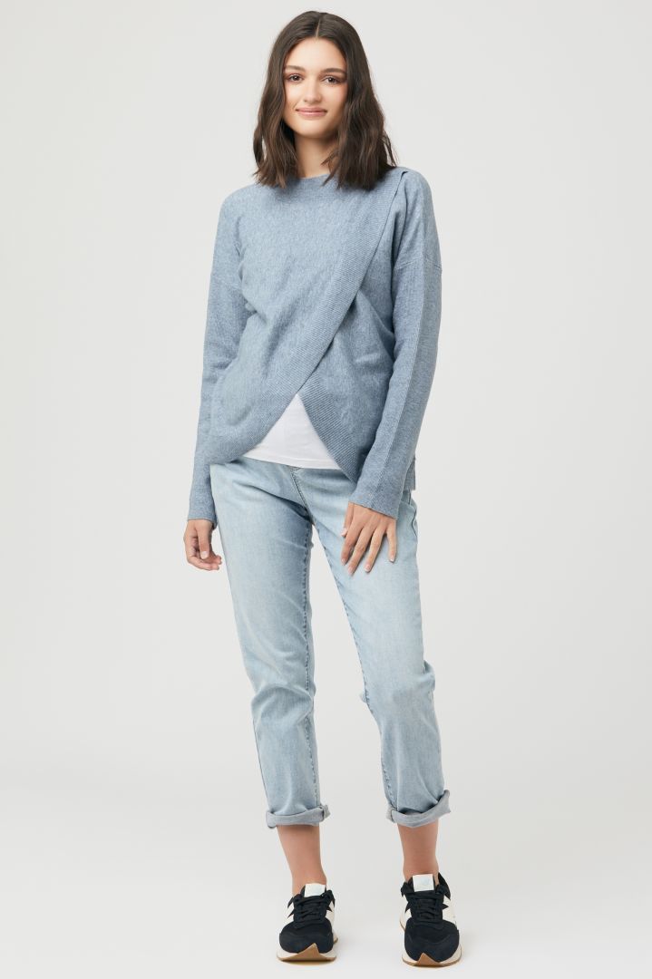 Denim maternity jogger with drawstring light wash