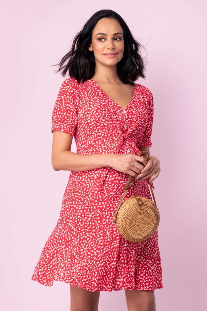 Tie Front Maternity Dress with Ruched Sleeves