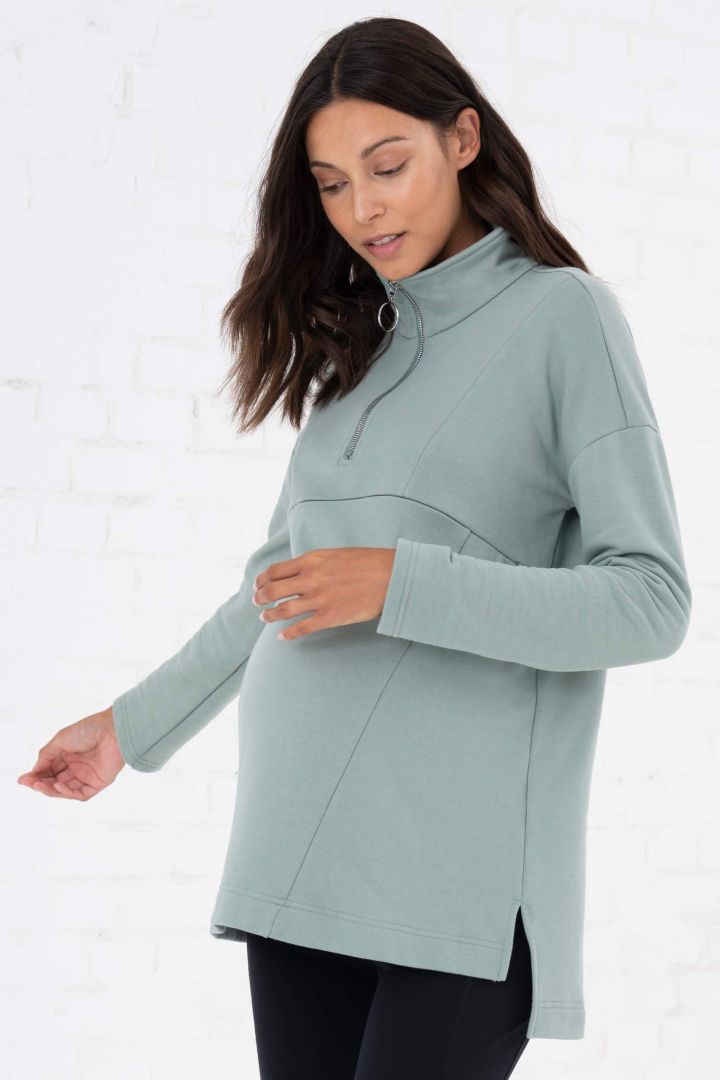 Maternity and Nursing Sweater with Zip Detail sage