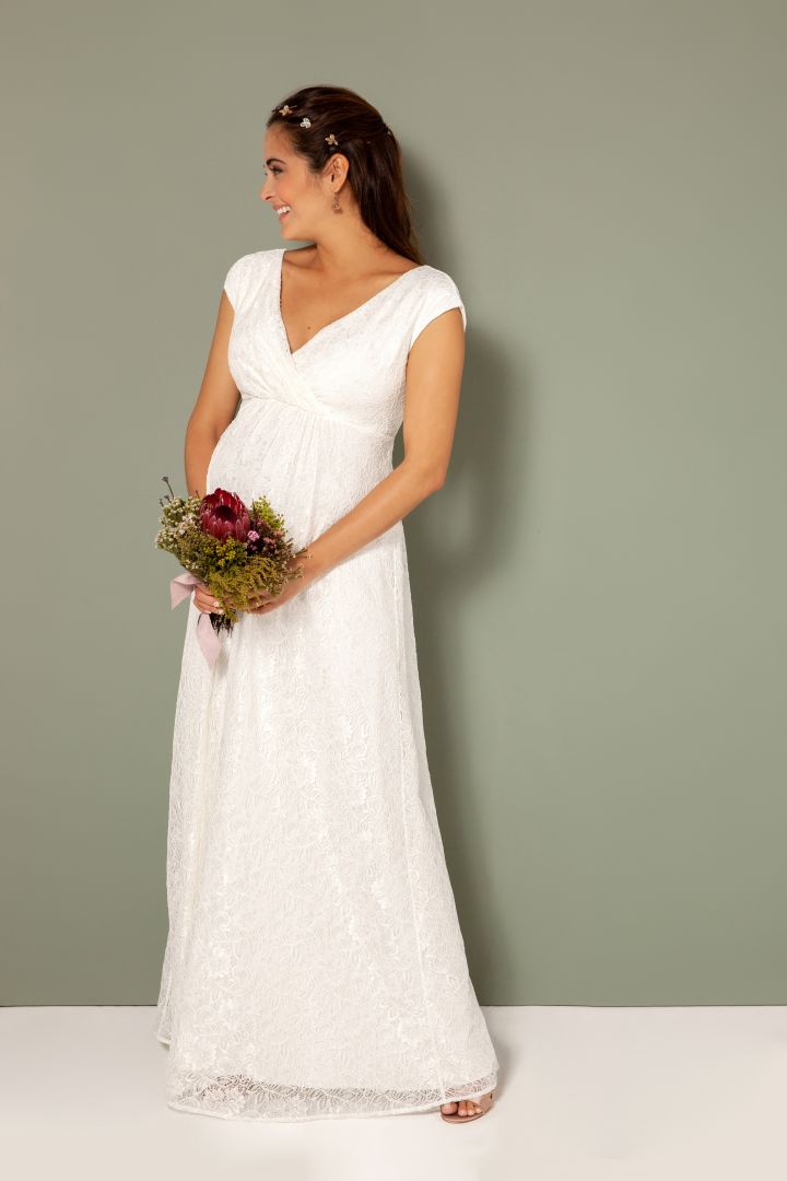 Spitzen Umstandsbrautkleid mit Cache Coeur Ausschnitt lang