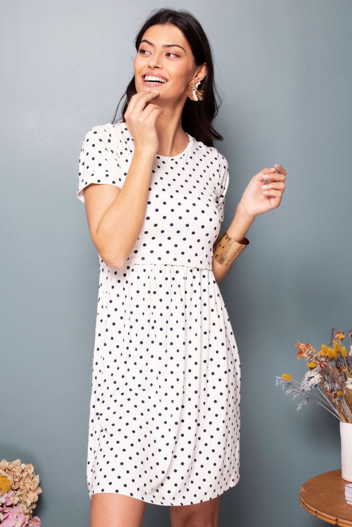 Spotted Maternity and Nursing Dress Short Seeves white