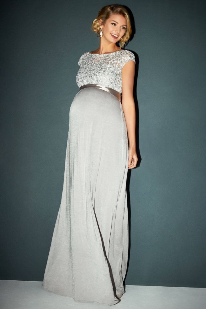 Festliche Umstandsrobe mit Paillettenbustier silber