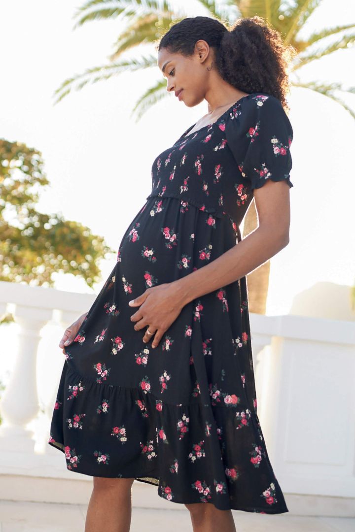 Midi Shirred Maternity and Nursing Dress with Frill Sleeve