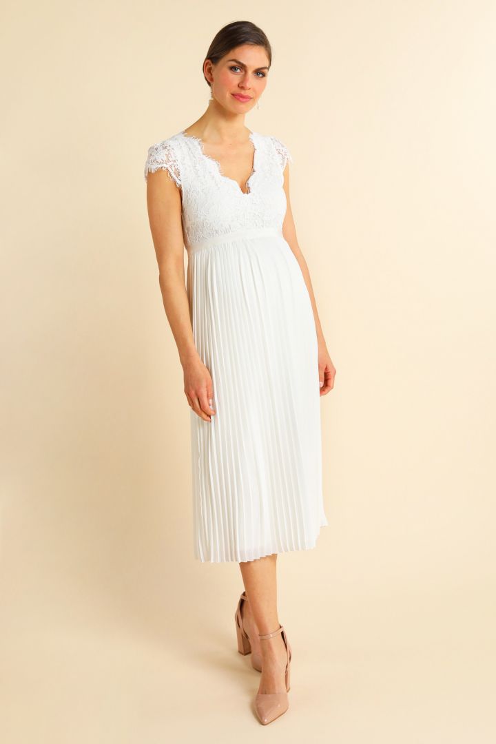 Umstandsbrautkleid mit Spitzenoberteil und Plissees