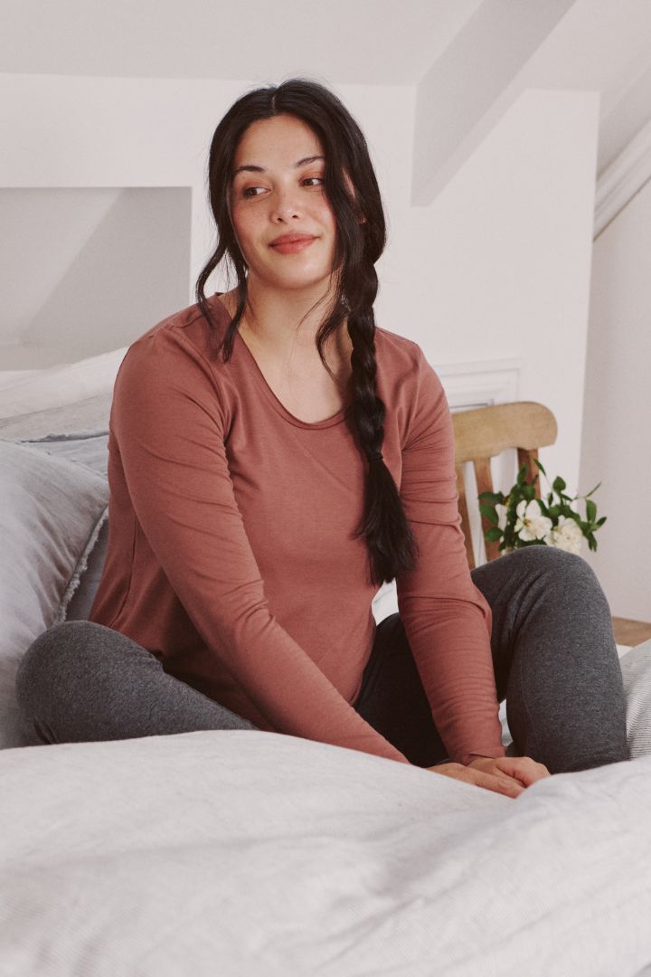 Raw Edge long Sleeve Maternity and Nursing Shirt terracotta