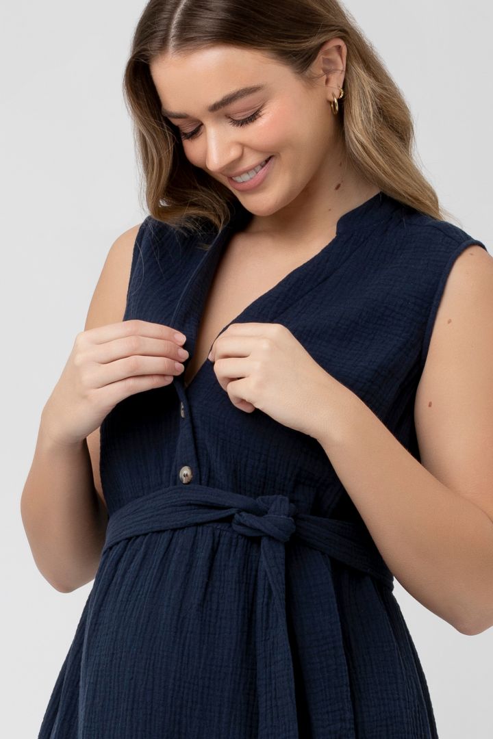 Maternity and Nursing Dress with Flounces navy