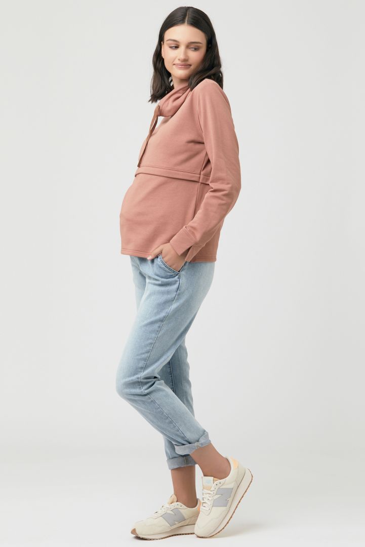 Denim maternity jogger with drawstring light wash