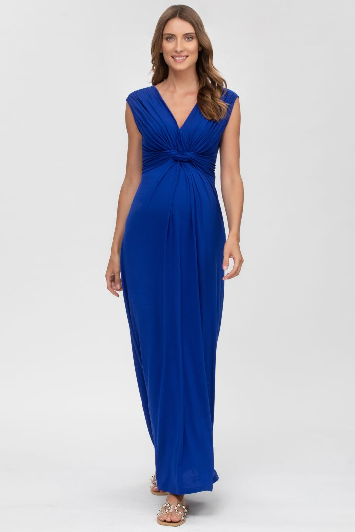 Maxi Maternity and Nursing Dress with Knot Detail Blue