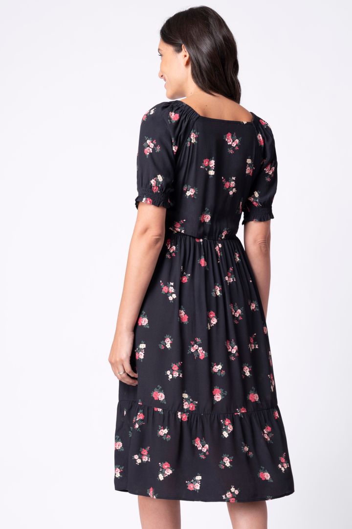 Midi Shirred Maternity and Nursing Dress with Frill Sleeve