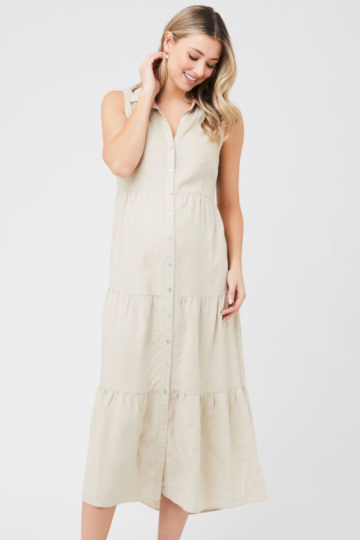 Midi Maternity and Nursing Tiered Dress sand