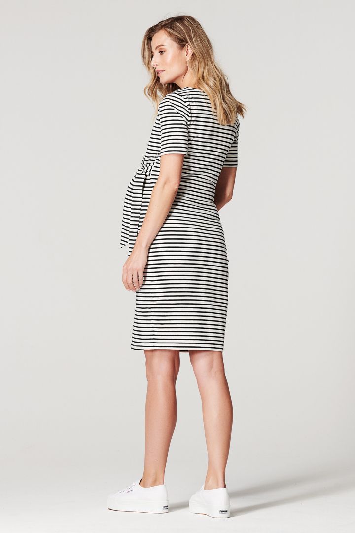 Striped Maternity Dress with Belt Detail