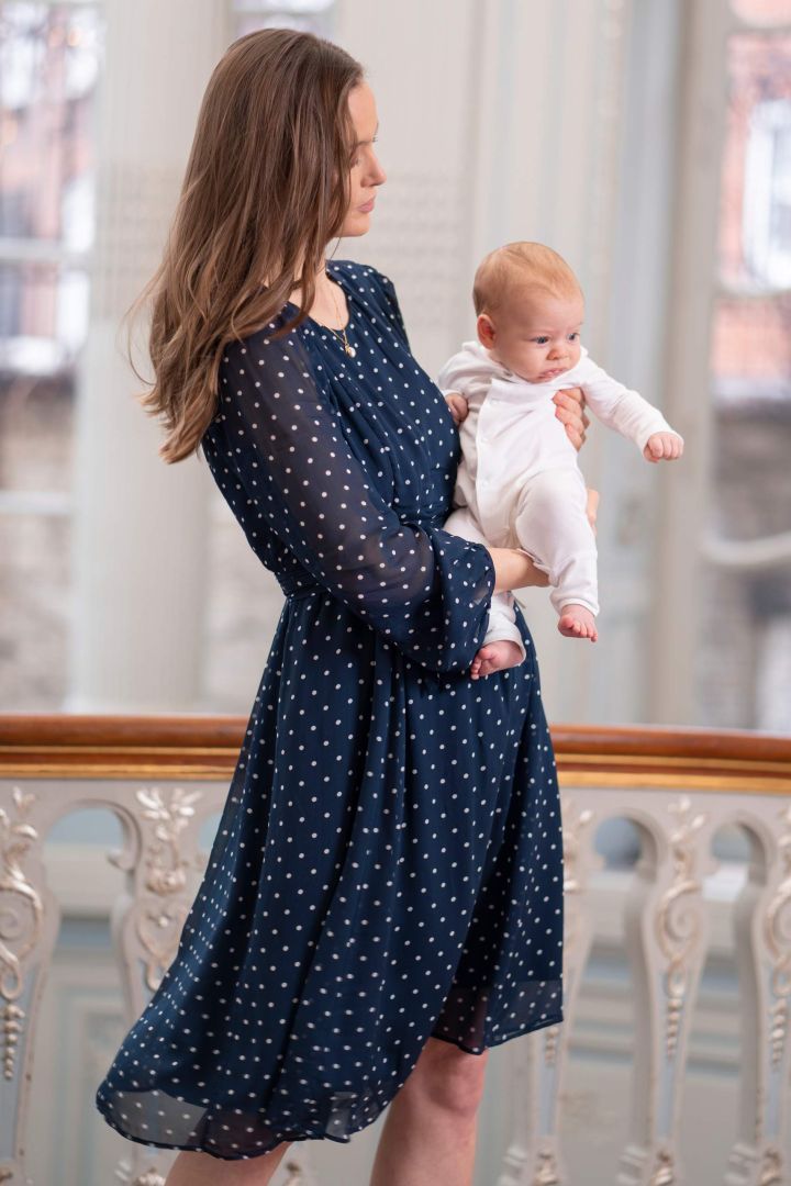 Chiffon Maternity Dress with Dots navy