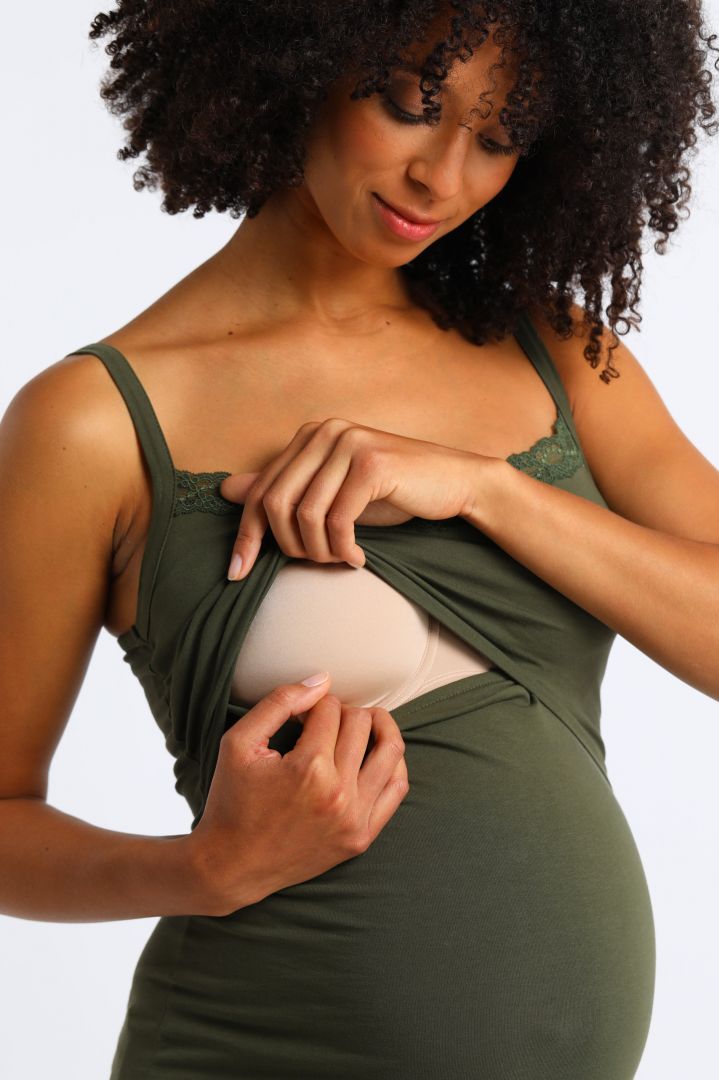 Organic Maternity and Nursing Top with Lace khaki