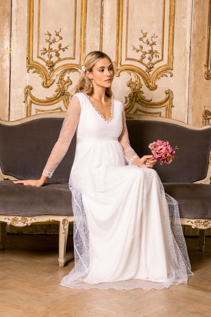 Spitzen Umstandsbrautkleid lang White Snow