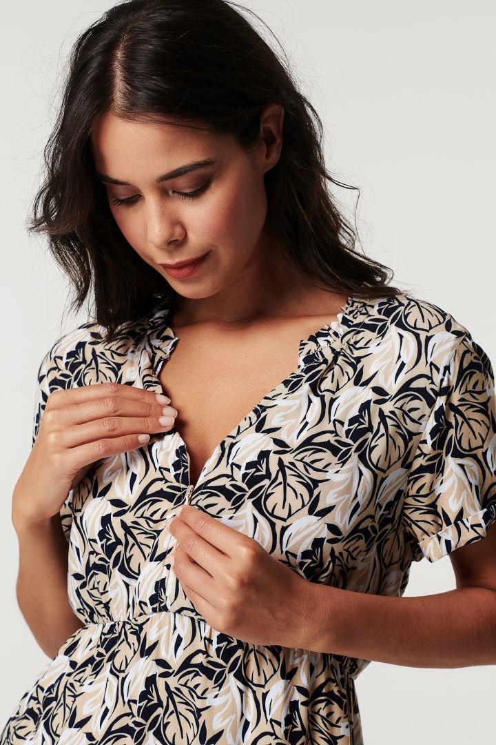 Maternity and Nursing Dress with Leaves Print