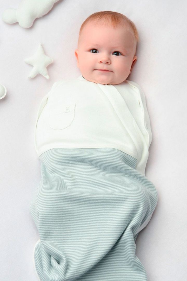 Organic striped sleeping bag and swaddle bag light blue