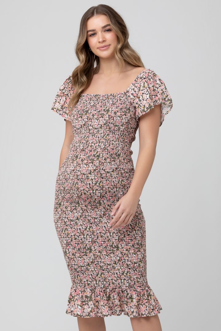 Midi Smocked Umstandskleid mit Volant