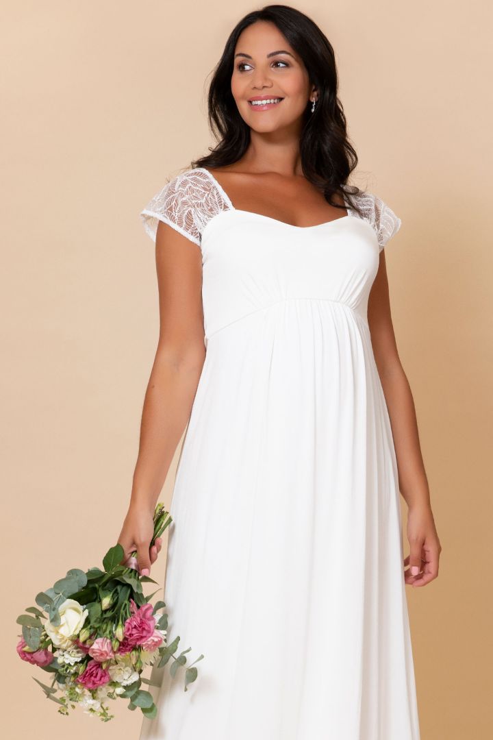 Umstandsbrautrobe mit transparenten Spitzenärmeln