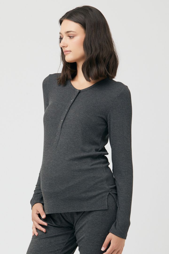 Rib Maternity and Nursing Shirt with Button Front