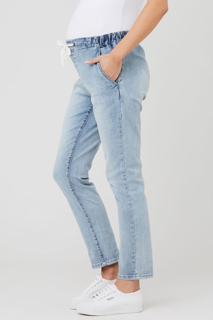 Denim maternity jogger with drawstring light wash