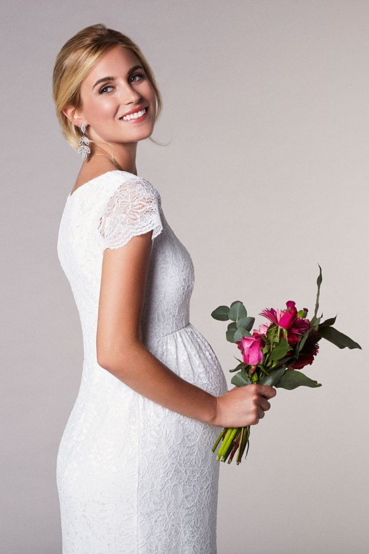 Spitzen Umstandsbrautkleid mit V-Ausschnitt lang