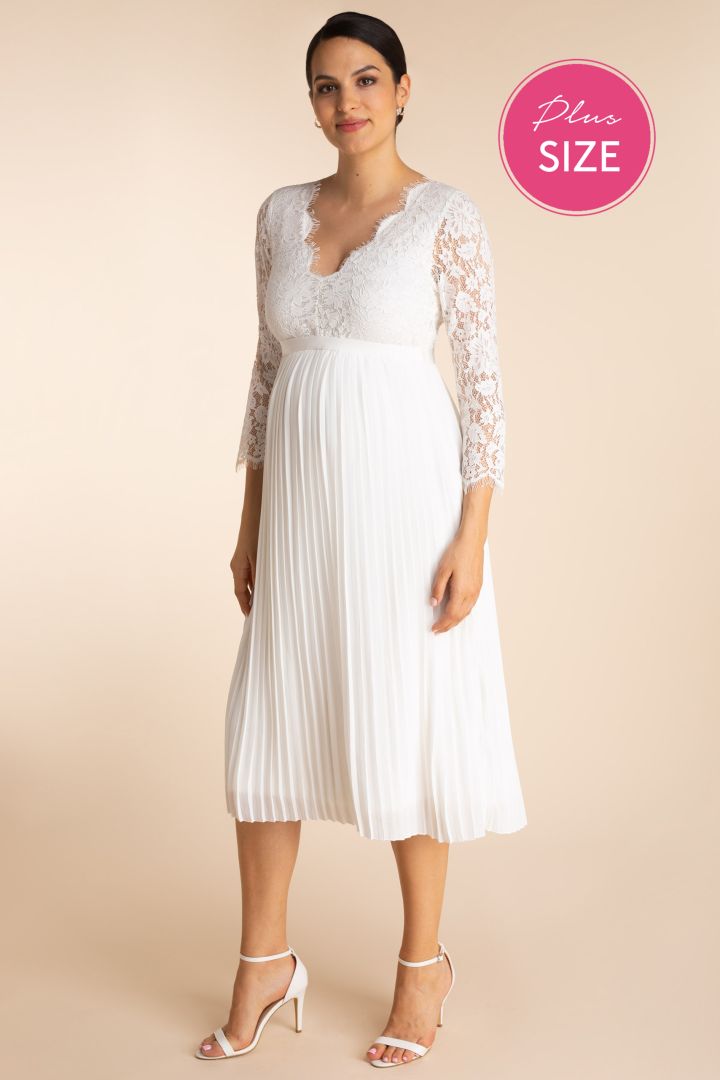 Plus Size Umstandsbrautkleid mit Spitzenoberteil und Plissees 3/4 Ärmel